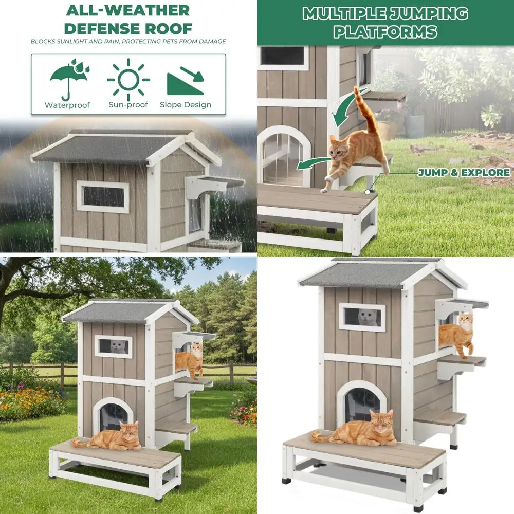 

Weatherproof Wooden Outdoor Cat House with Open Roof, 4 Doors, Balcony, and Jumping Platforms for Cats and Small Animals, Grey