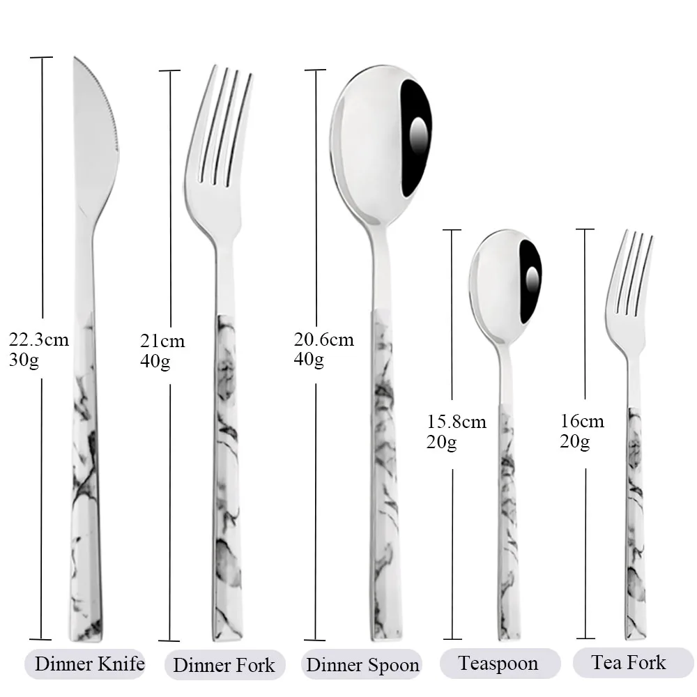 Glossy White Silver Dinnerware Stainless Steel Cutlery Set Knife Fork Spoons Dessert Fork Flatware Marble Texture Tableware Set