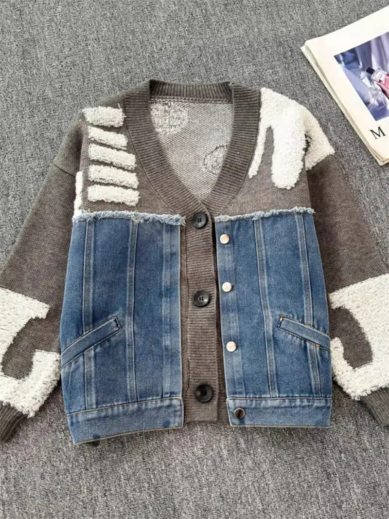 Loose Lazy Denim Patchwork Sweater Cardigan For Women Spring And Autumn 2024 New V-Neck Retro Style Top Outerwear Jacket K1919