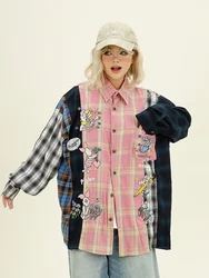 Cartoon Plaid Splicing Long-sleeved Shirt Autumn New Loose Bf Japanese Retro Top Trendy Girl 2024