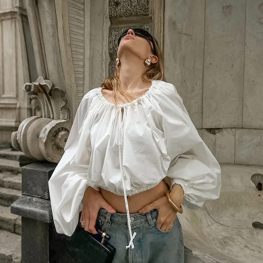 الجوف خارج الخريف المرأة بلوزة جولة الرقبة الرباط تكدرت فانوس كم الإناث بلوزة Instagram-Style أبلى لسيدة