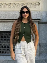 HH Women Summer Fashion 2 Color Jersey Short Vest Female New Elegant Solid Single-Breasted Versatile Navel-Baring Top Mujer