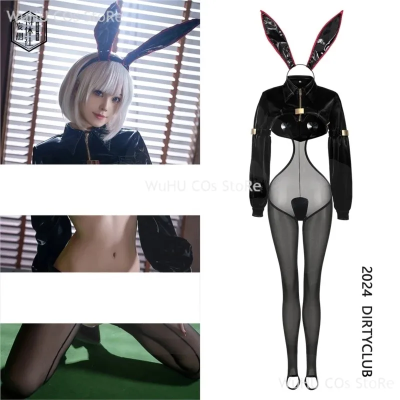 متوفر في المخزون التصميم الأصلي بو الجلود عكس الأرنب فتاة تأثيري حلي بذلة سوداء قماش شبكي ينغيرييس المرأة مثير تأثيري