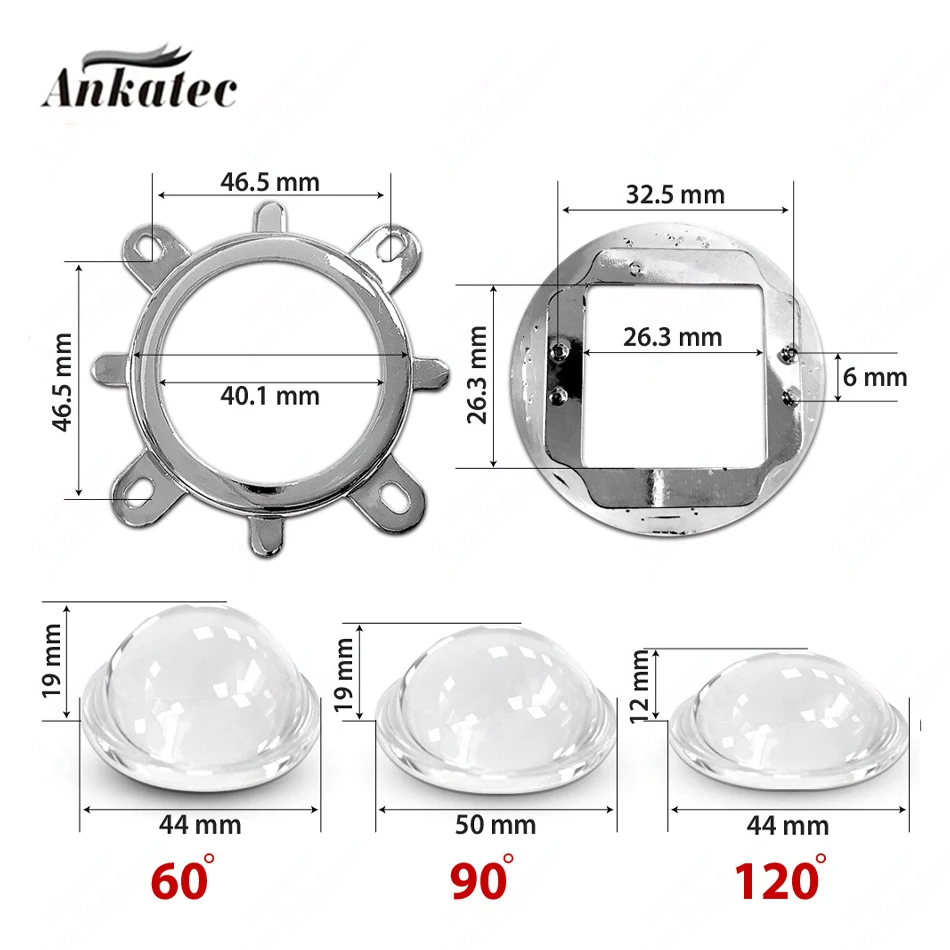 3čepel v 1 sada 44mm LED objektiv optický sklo 60 120 stupňů + 50mm reflektor collimator + rozhodný držák pro 20W 30W 50w 100w klas čipem