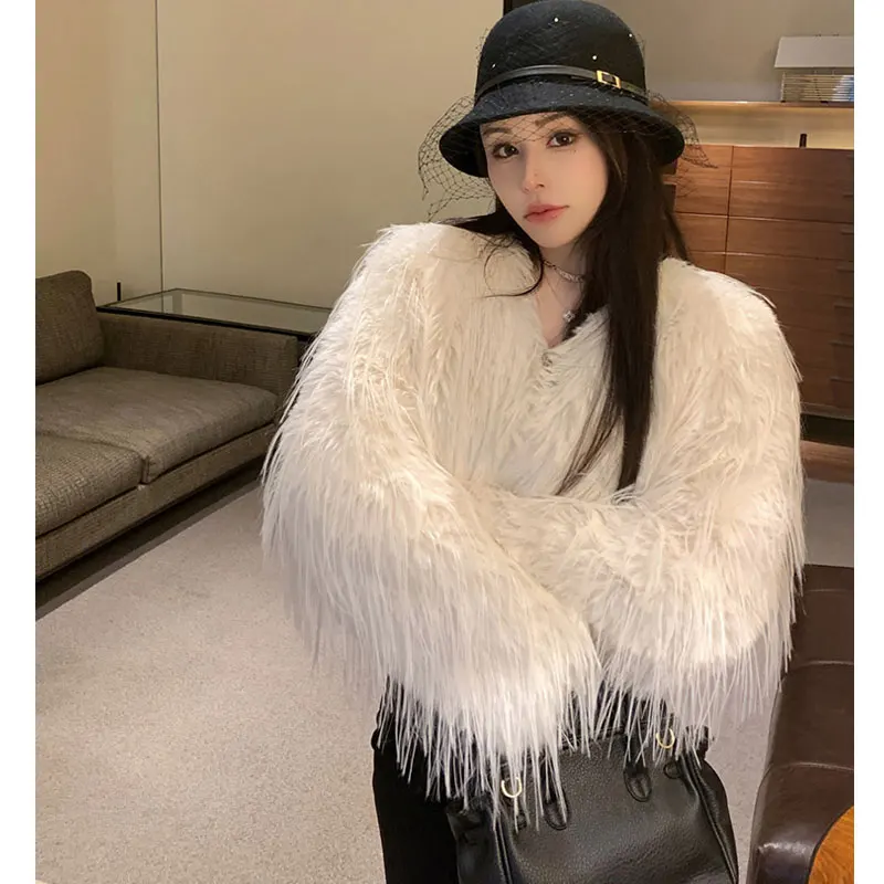 Sexy Faux Fox Fur Short Coat Women Korea Fashion Feather Tassel Cardigan Coats Outercoat Lady Party Elegant Solid Club Outfits