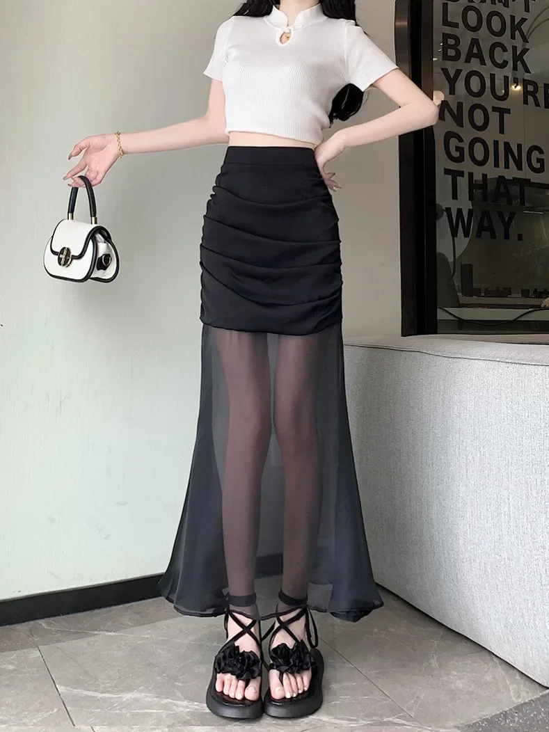 Trumpet / Mermaid Skirt Women New Fishtail Skirt Ruched Mesh High Waist Slim Long Midi Skirt Party Club