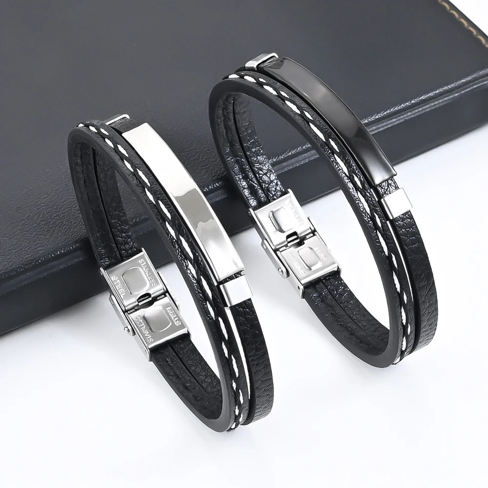 

Men's Wish Stainless Steel Leather Bracelet with Curved PU Leather Woven Bracelet for Travel Wear and Accessories Gifts