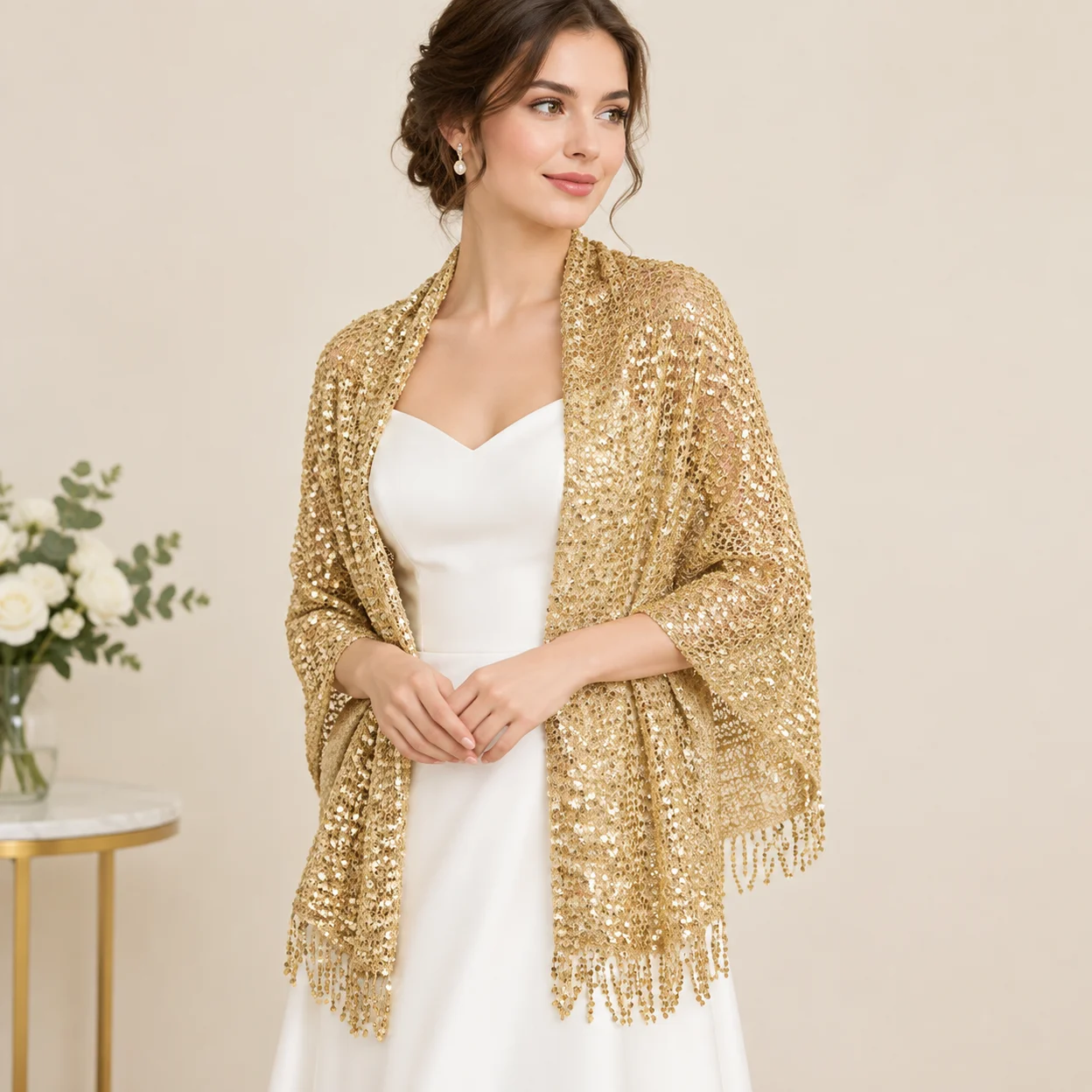 Luxury Elegant Sparkle Sequin Fringe Scarf Hollow Out Formal Glitter Shawl Vintage Wrap Boho Headscarf Bridesmaid