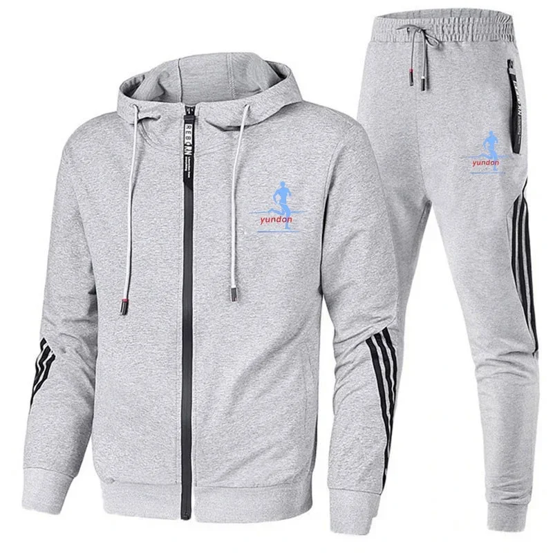 2025 spring and autumn new men's leisure sports set three bars printed hooded zipper hoodie coat pants crazy fitness sports set