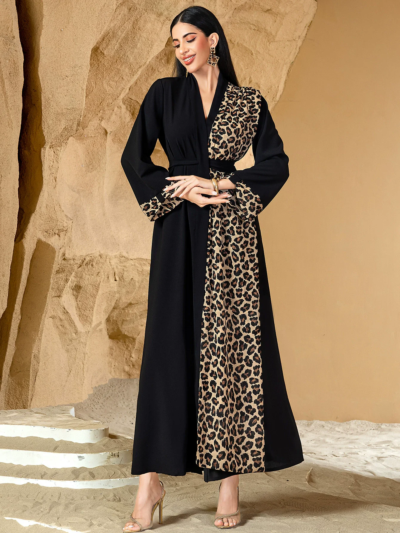 

Ramadan Saudi Arabian leopard print color blocked deep V cardigan jacket with belt long plus size Middle Eastern women's dress