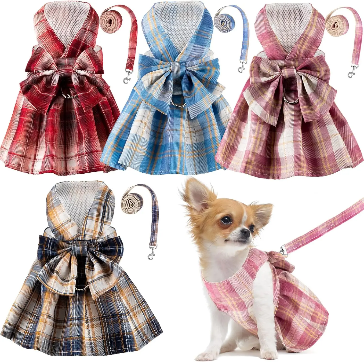

4-Piece Plaid Dog Dress Set with Bow Tie Harness & Leash for Small Puppies, Girls Outfits in Dark Color