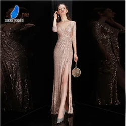 DEERVEADO Sexy Slit Deep V Neck Mermaid Evening Dress Party Long Formal Occasion Dress Women Elegant Gold Sequins Evening Gown