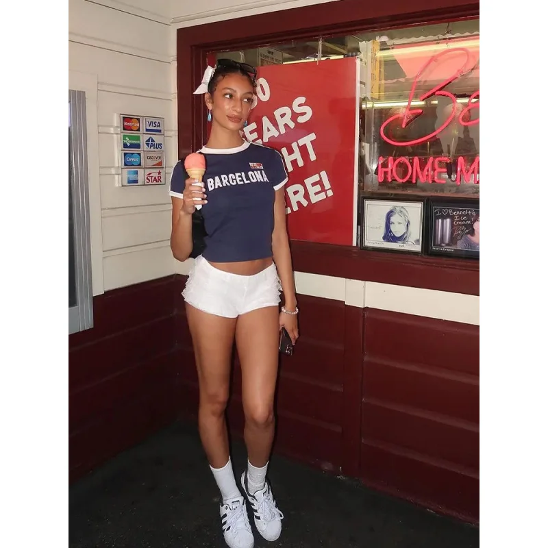 

European and American short letter Y2K summer style women's T-shirt with exposed navel fashion personality trend street top