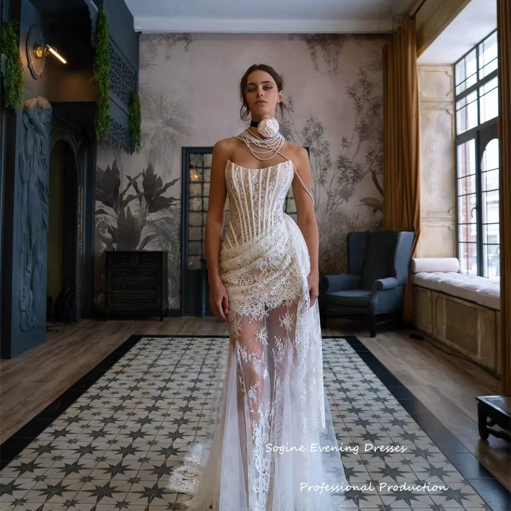 

Sexy Lace Wedding Dresses for Summer Floor-Length Mermaid Pearls-Embellished Vestidos De Novia Strapless Свадебное Платье