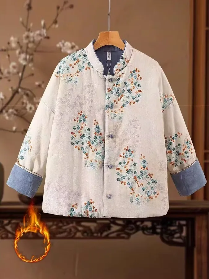 

Authentic New Chinese Retro Cotton Jaet Stand Collar Improved Tang Costume Cotton Coat Thiened Long Sve Women's Coat