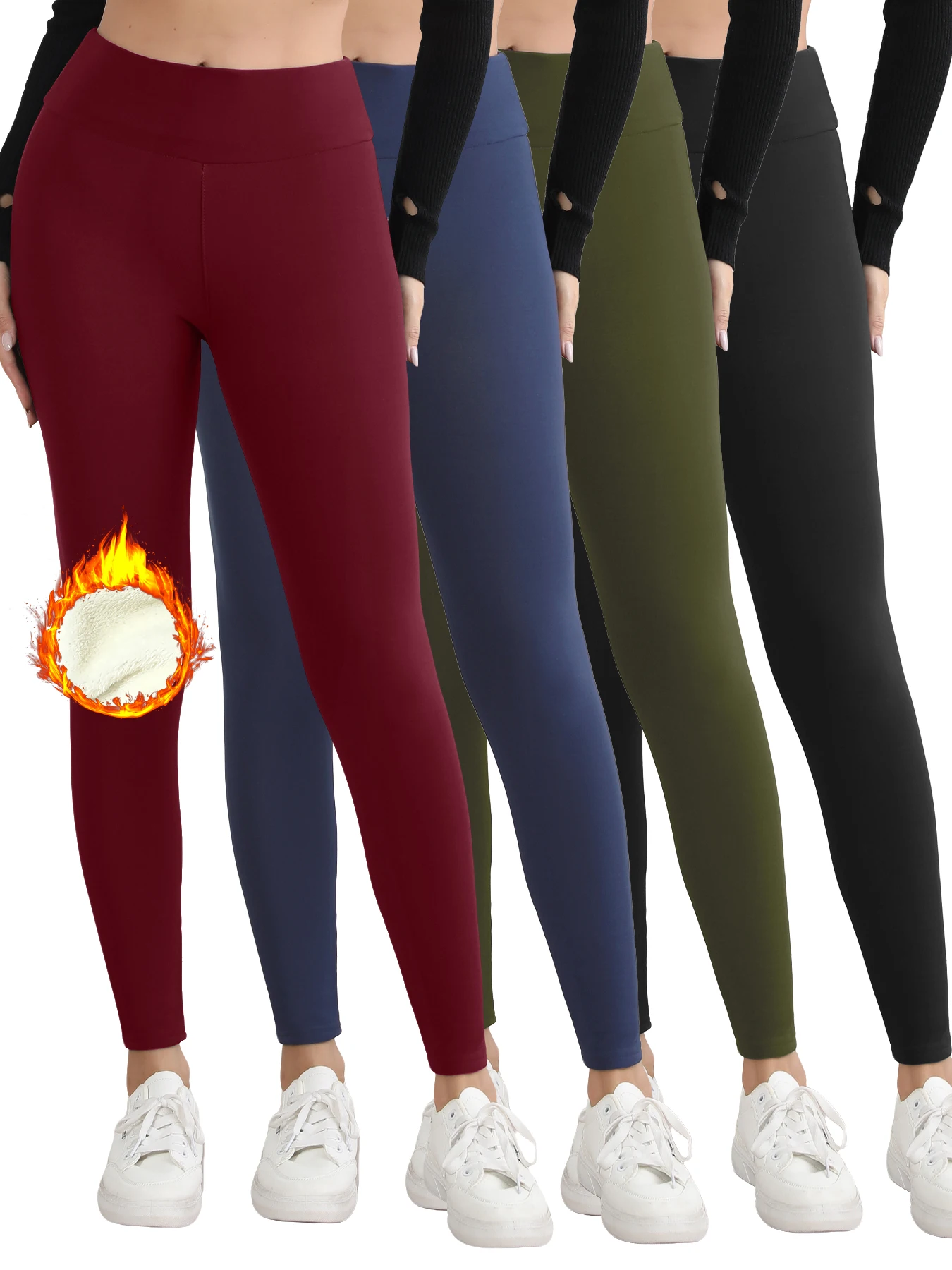 سراويل نسائية دافئة مخملية سميكة سراويل شتوية حرارية عالية الخصر بلون سادة في الهواء الطلق تمنع البرد سراويل كلاسيكية غير رسمية