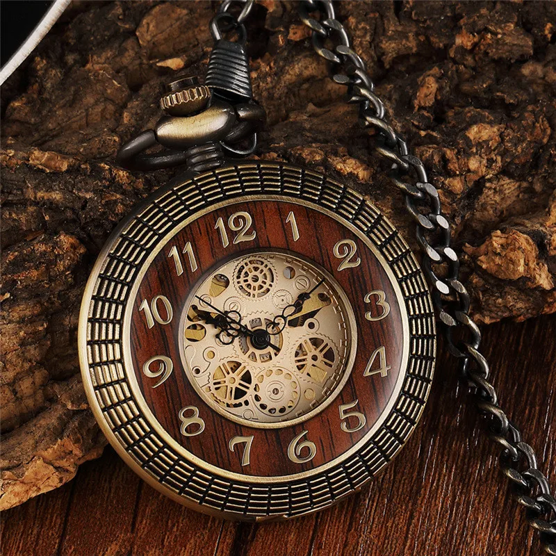 

Men's Hand-Wind Mechanical Pocket Watch Vintage Steampunk Wood Grain Hollow Design with Chain and Box