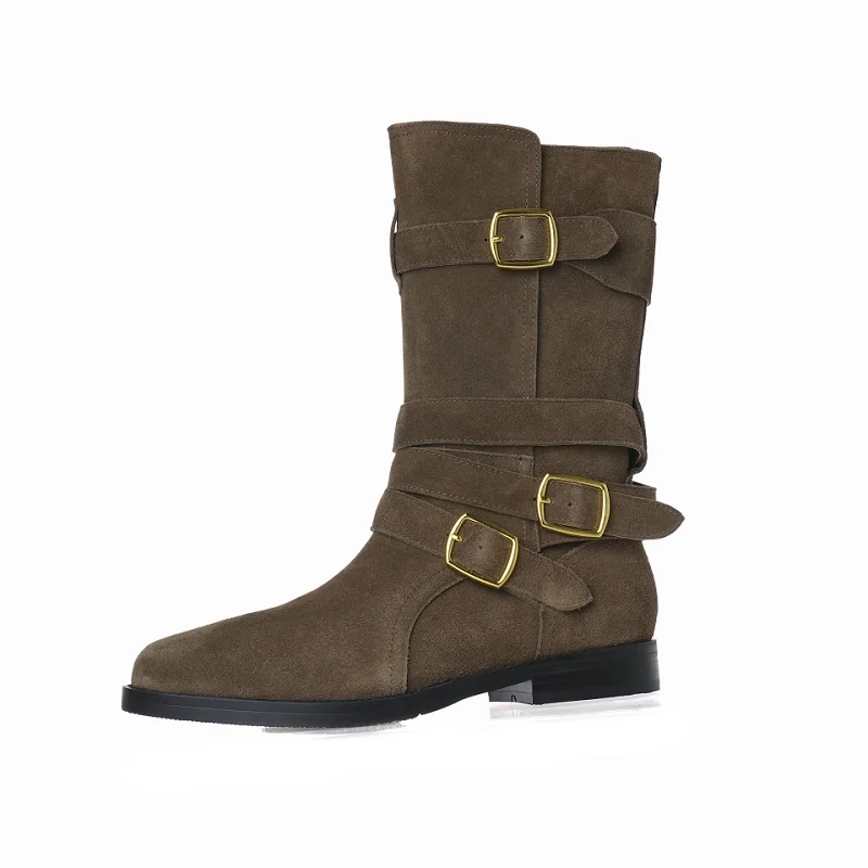 

Women Western Boots New Trendy Square Heel Elegant Shoes Brown Green Genuine Leather Ankle Boots Cowgirl Cowsuede Buckle Boots