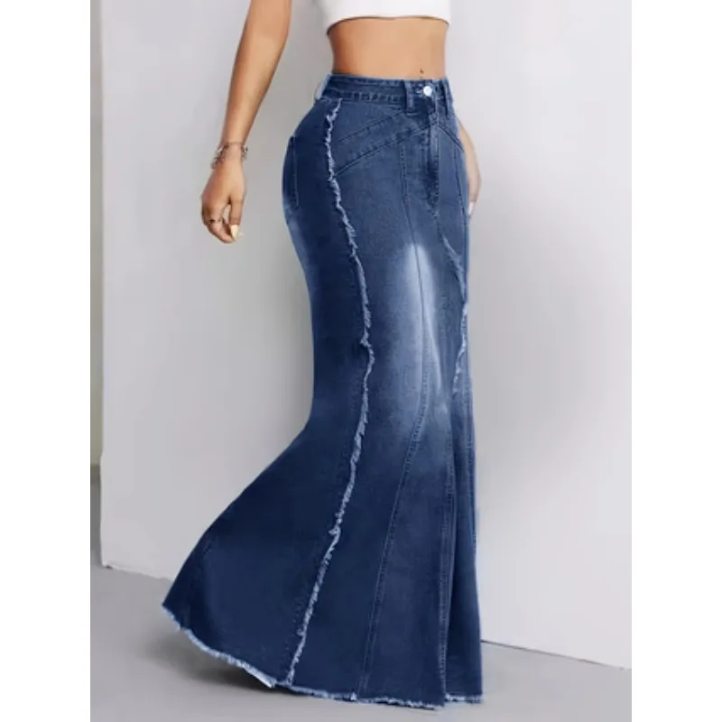 

Женская джинсовая юбка с высокой талией, эластичная, облегающая, с рваным краем, повседневная, модная, в стиле бодикон