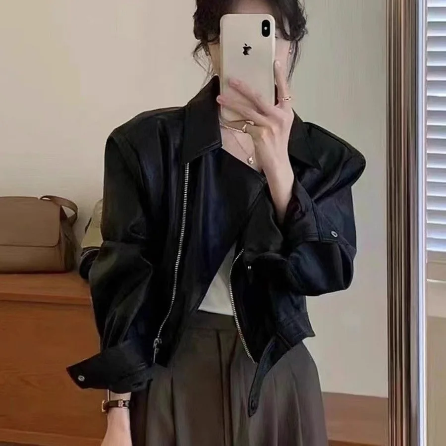 High Quality Hot Selling Wholesale Autumn and Winter New Fashion PU Leather Jacket Loose Short Jacket Motorcycle Suit Coat Women