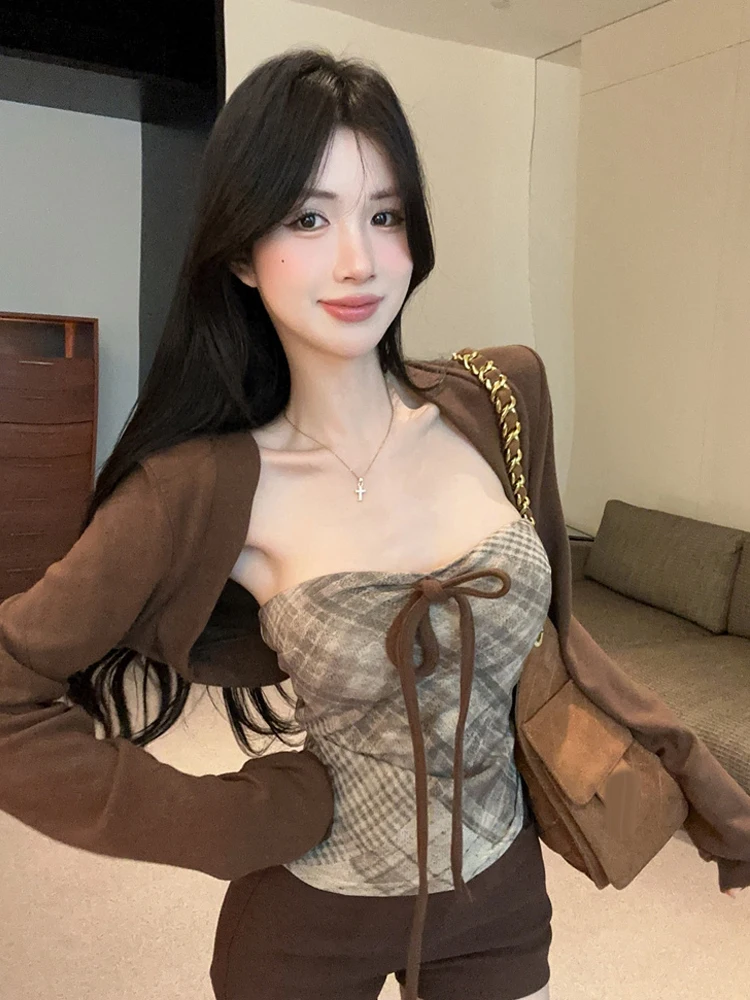 Slimming Plaid Long Sleeve Vest Top with Chest Pad Belted Early Autumn Two-Piece Set for Women Sexy Style Casual Wear