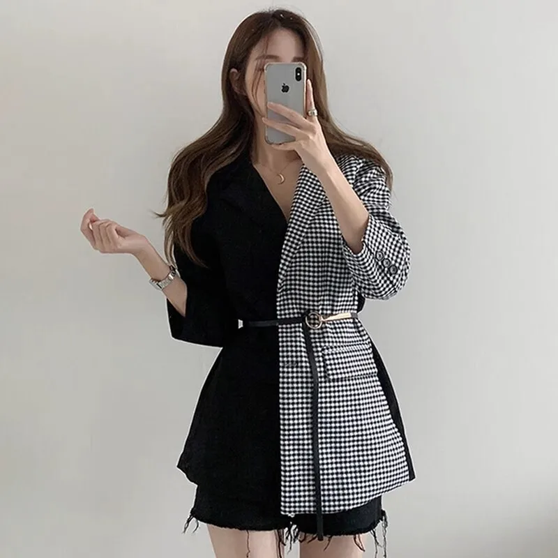 Coreano vintage pied de poule plaid splicing giacca cintura primavera donna casual monopetto bavero manica lunga blazer cappotto