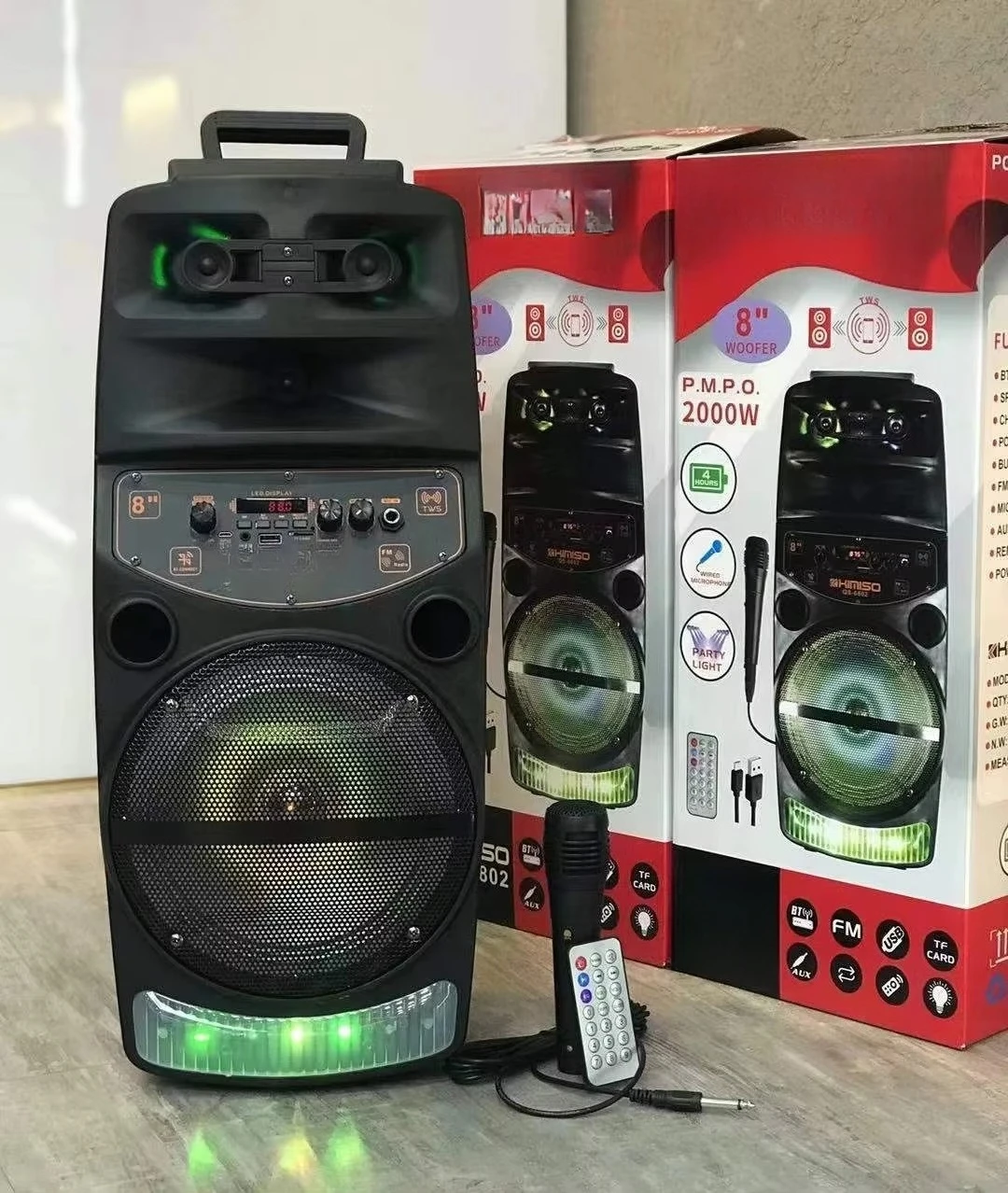 QS6802 8 Inch Outdoor Portable Trolley Speaker DJ Speaker System with Led Light KIMISO Bluetooth Speaker