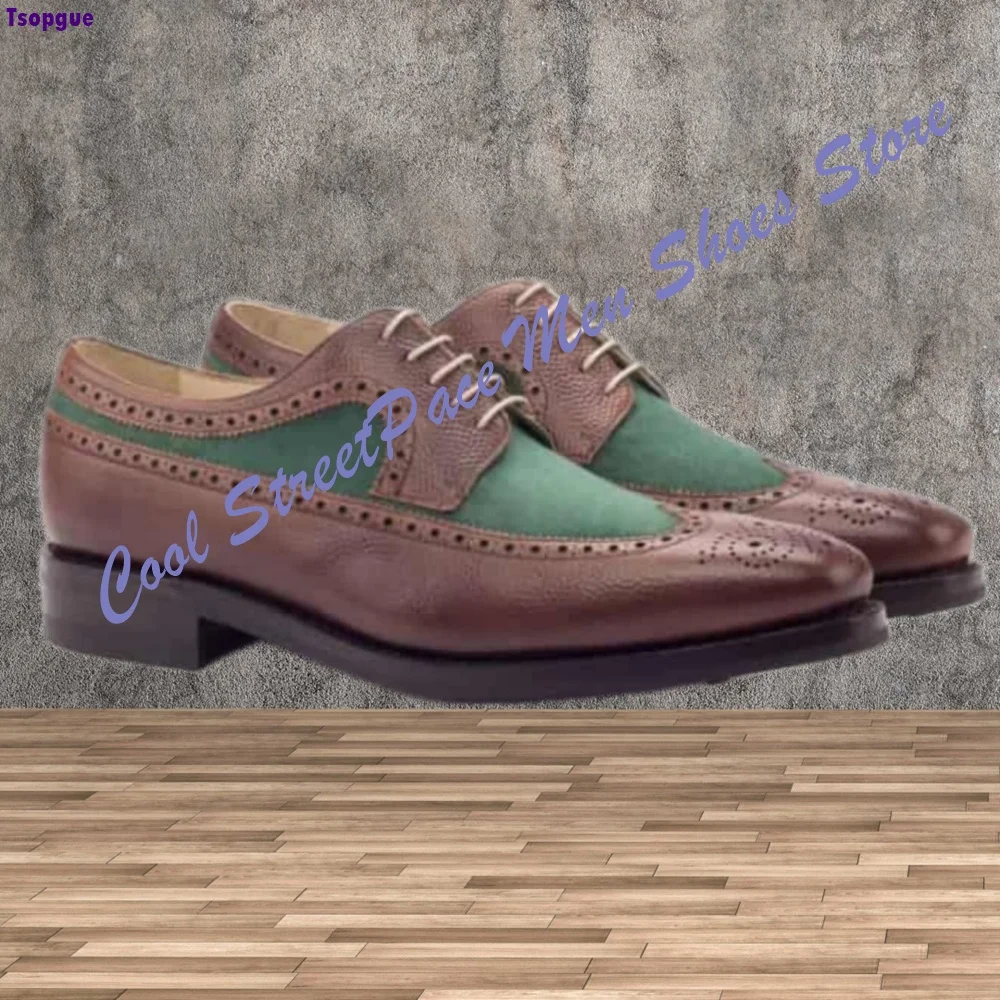 Oxford Shoes Men Brown Grain Leather Green Suede Spliced Lace Up Contrast Color Vintage Business Wedding Formal Dress Shoes