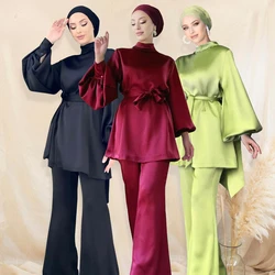 Satin Turkey Two Piece Sets Trousers and Tunic Top Solid Color Elegant Pants and Blouse Set Lady Muslim Woman Outfit Ramadan Eid