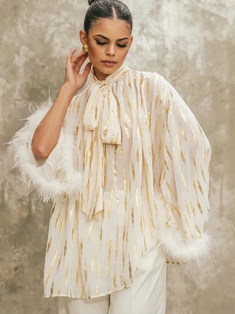 High-grade ostrich feather splicing trumpet sleeve bow tie loose shirt autumn 2025 new fashion Joker temperament blouse