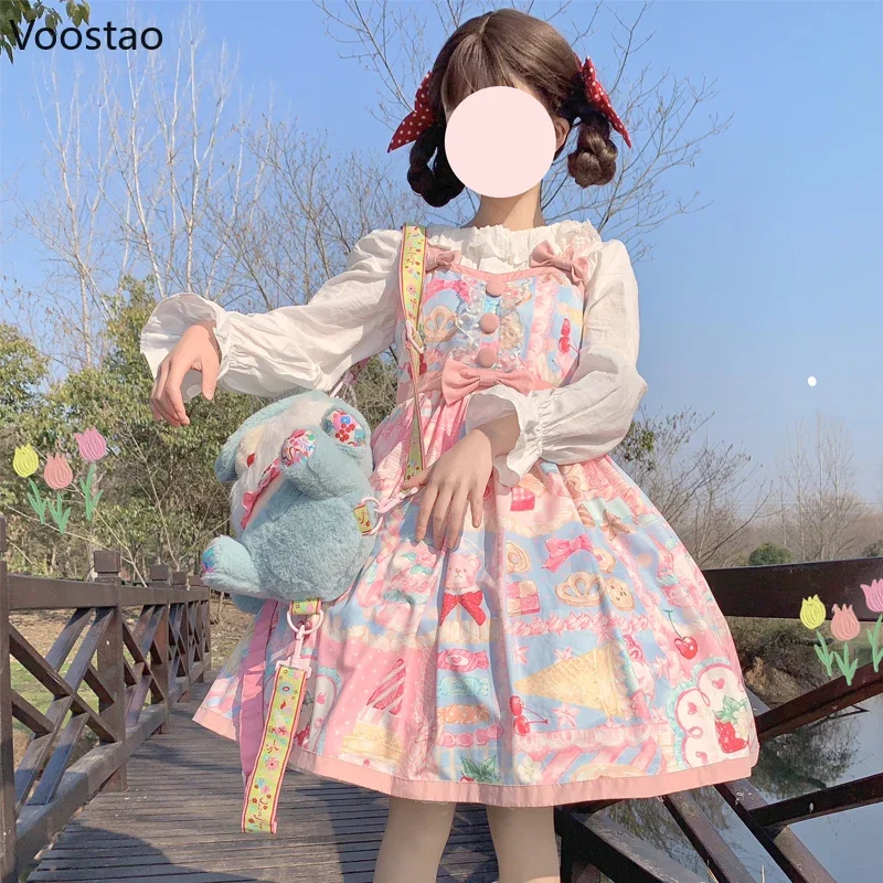 Giapponese Kawaii Lolita Jsk Dress donna dolce Cartoon Print senza maniche Party bretella abiti ragazze carino Y2k Bow Princess Dress