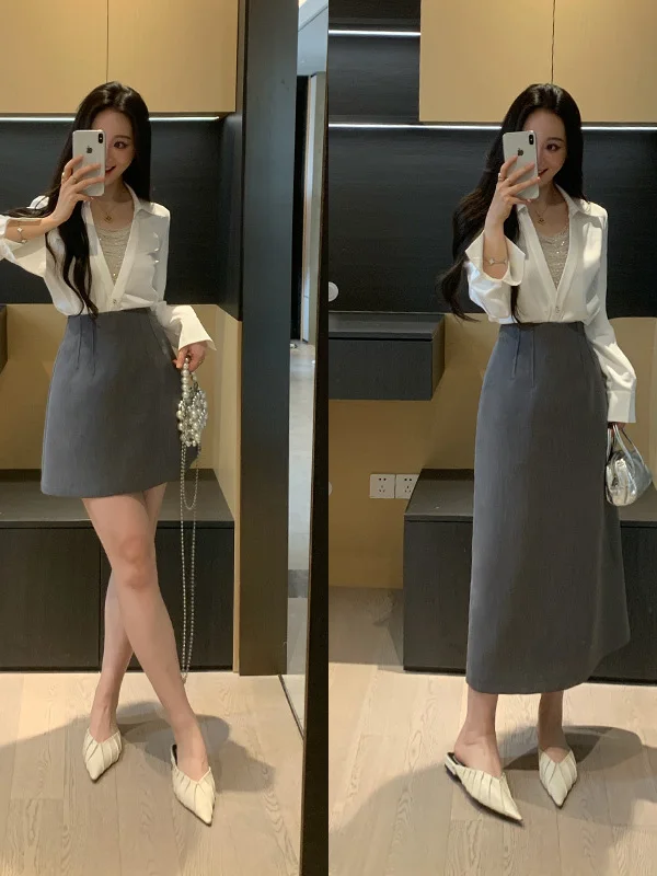 

XINYI Starry Night Beaded Satin Shirt High Waist Slimming Skirt Set Women's Fashion Casual Style Two-Piece Ensemble