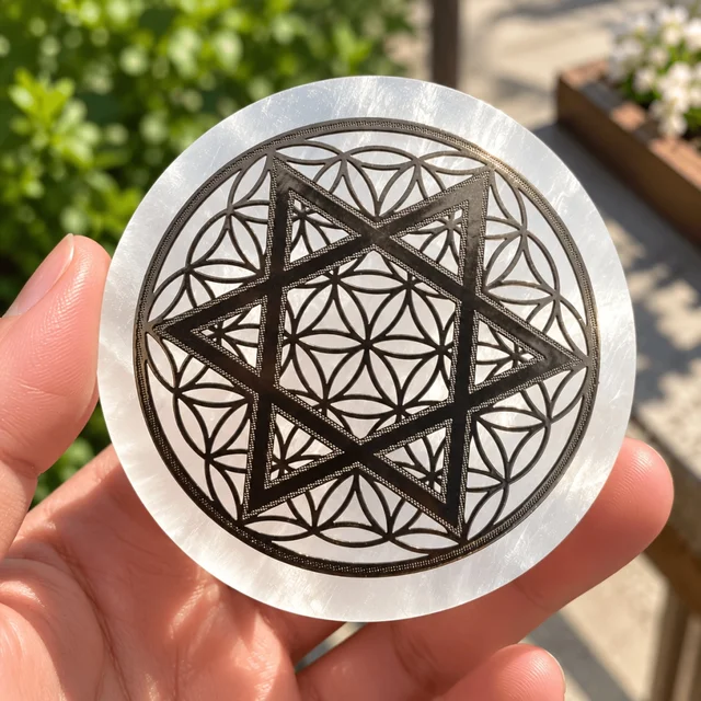 Selenite Charging Plate Natural Carved Stone Slab, Gypsum Slice With Black‑Golden Border Six‑Pointed Star, Moroccan Coaster Base 3