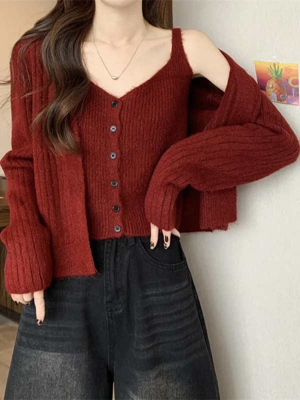 

Красный вязаный кардиган Angola Red для женщин, весенне-осенний свитер-пальто, новогодний праздничный комплект из двух предметов