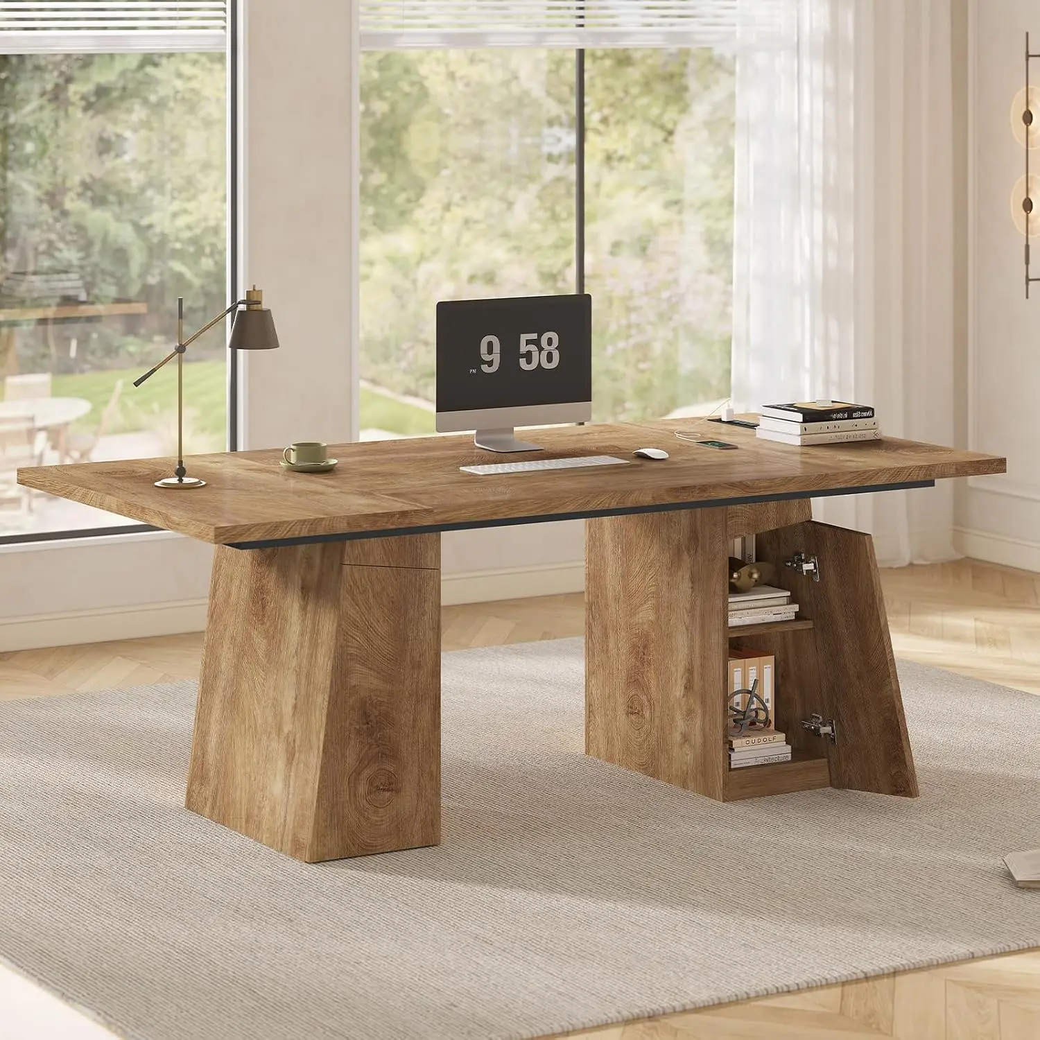 63in Executive Desk with Power Outlets & Storage Cabinet, Wood Computer Workstation for Home Office Conference, Customized