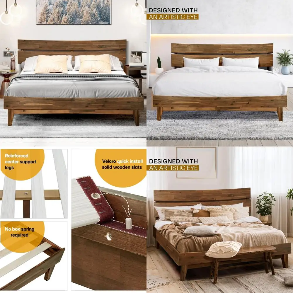 

Queen Size Acacia Aurora Solid Wood Platform Bed Frame with Headboard, Easy Assembly, No Box Spring Required, Supports Up to 800