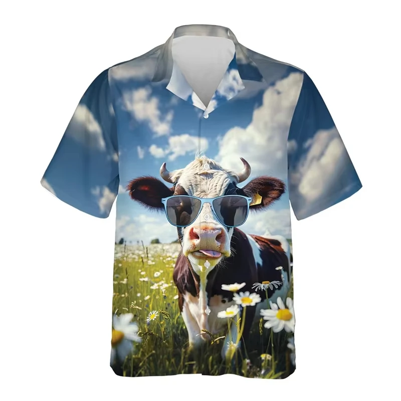 

New Men's Shirts Hawaii Farm Style Animal Pattern 2026 Short Sleeve Aloha Blouse Cow Print Summer Casual Hawaiian Funny Camisa