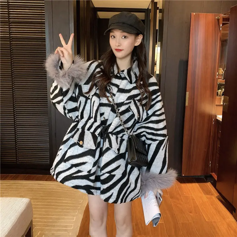 Medium Length Korean Version Winter Clothes Women Zebra Print Woolen Dropped Shoulder Sleeves Tighten The Waist Thicken Jacket