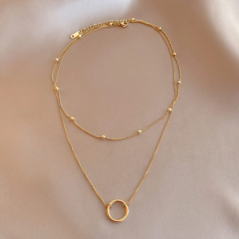 OIMG 316L Stainless Steel Gold Plated Double Layered Simple Circle Geometric Pendant Necklace For Women Bohemian Jewelry