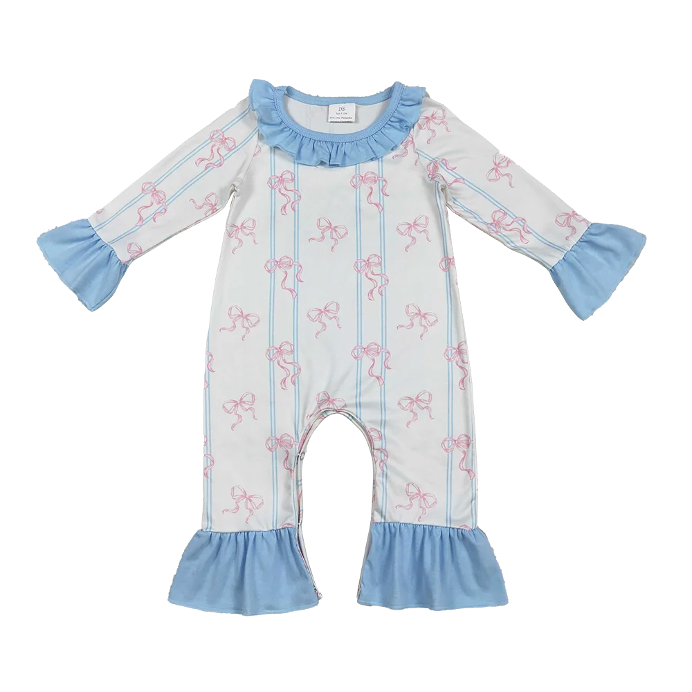 

12.30 Baby Winter Rompers Baby Girls Pink Bows Stripe Collar Ruffle Foodie Rompers