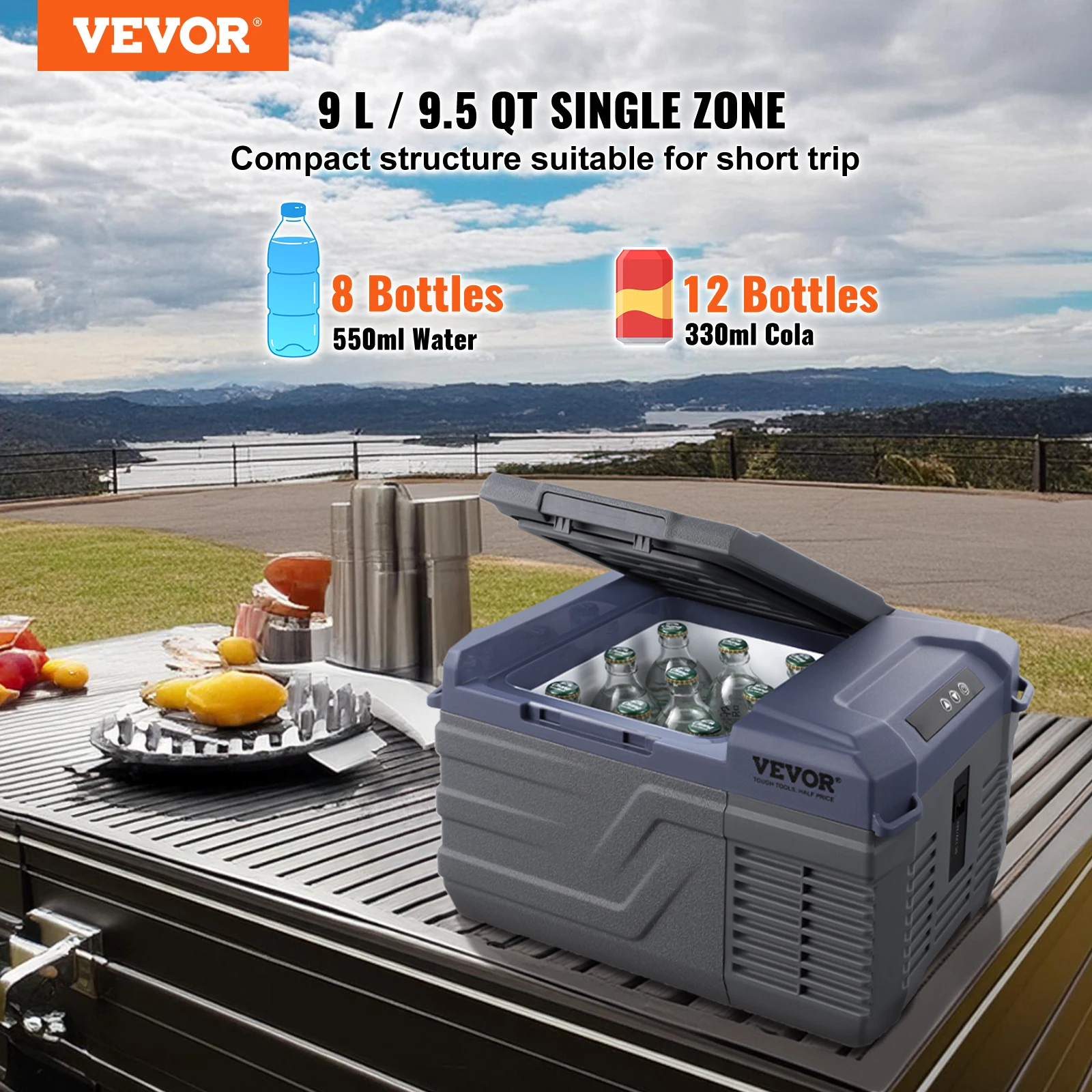 VEVOR 12 Volt Car Refrigerator Fridge, 9 L Single Zone Portable Freezer, 12/24V DC and 100-240V AC Compressor Cooler for Outdoor