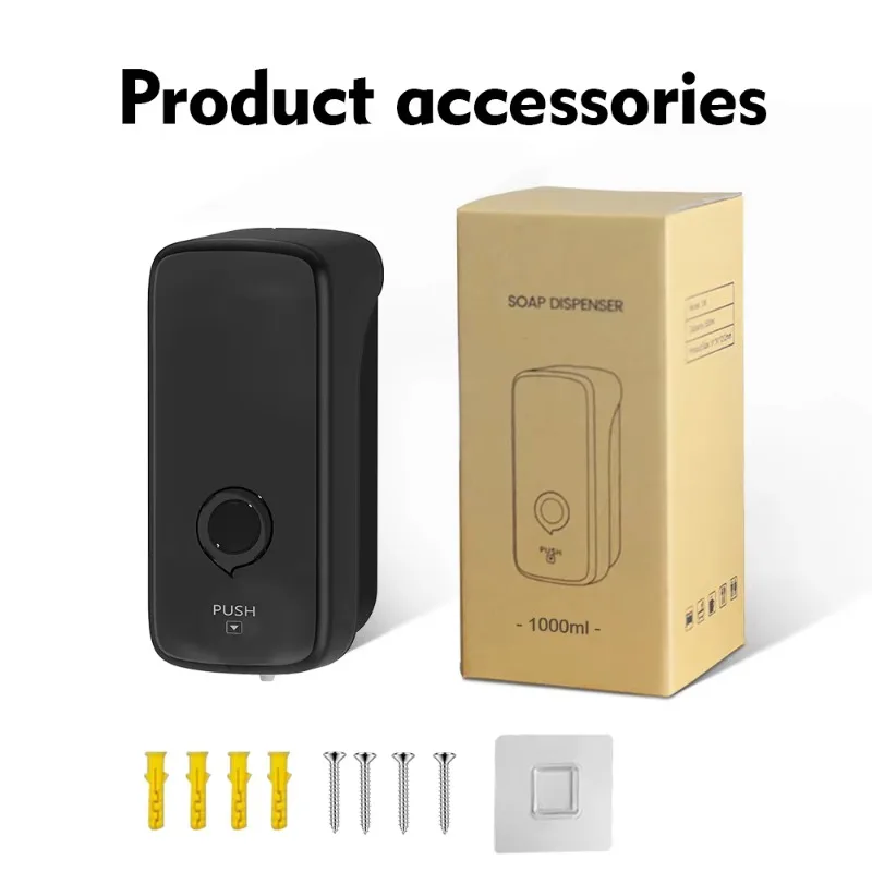 Dispenser Sabun Cair Manual Hotel 1000ML Matt Black, Dispenser Sabun Isi Ulang yang Dipasang di Dinding untuk Penggunaan di Kamar Mandi