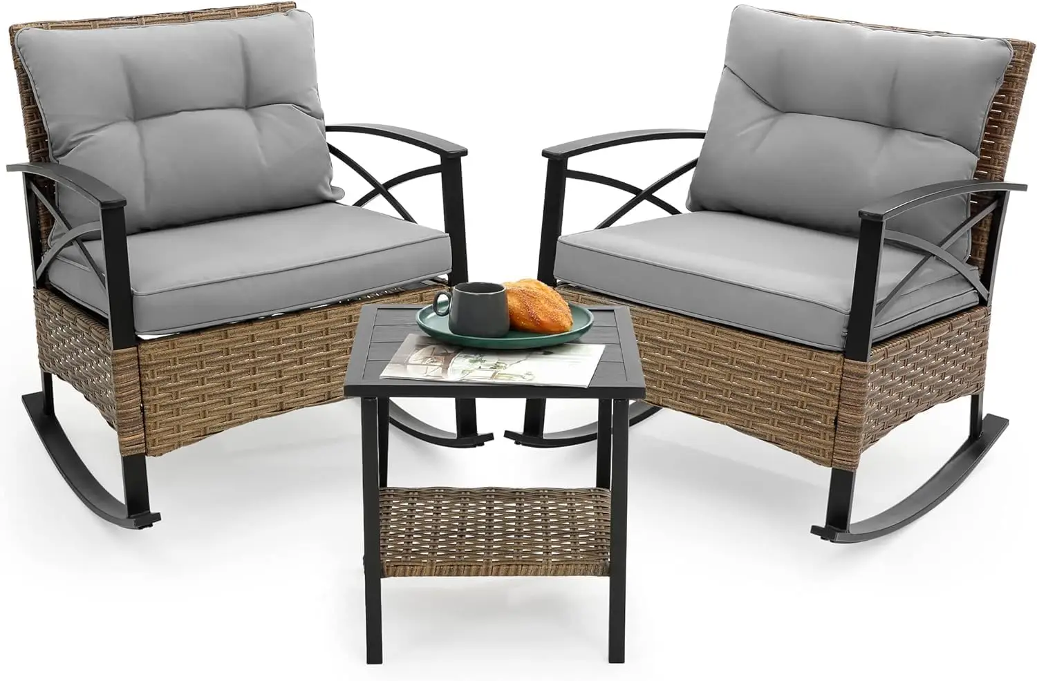 

Outdoor Rocking Chairs Set,3/4 Pieces Patio Bistro Set Outside Furniture Loveseat 2 Wicker Rocker Chairs with Cushions and Table