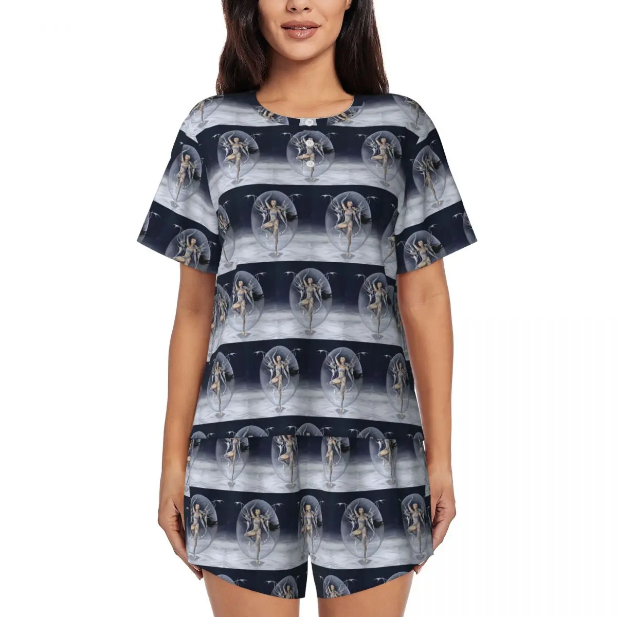 

Испанская ночная рубашка Lola Indigo с круглым вырезом и короткими рукавами для сна, женский мягкий пижамный комплект с короткими штанами