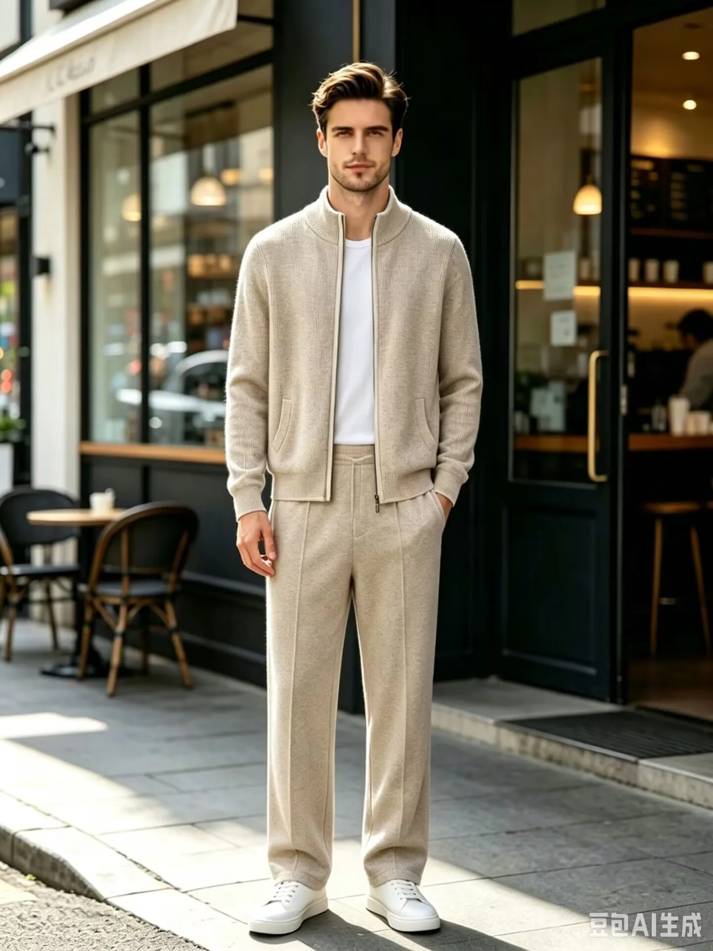 Men Cashmere Knitted TwoPiece Set Stand Collar Zip Up Cardigan Center Seam Straight Pants Solid Casual Suit Autumn Winter Outfit