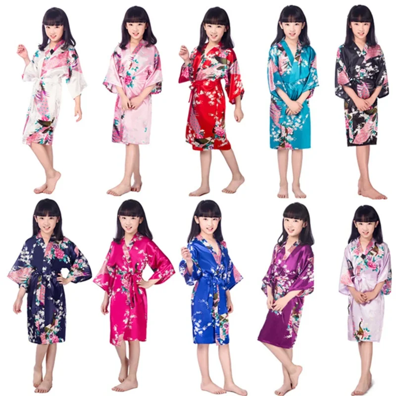 11Color Japanese Pajamas for Girls Kimono Traditonal Print Peacock Thin Loose Night Gown Kids Japan Style Yukata Robes