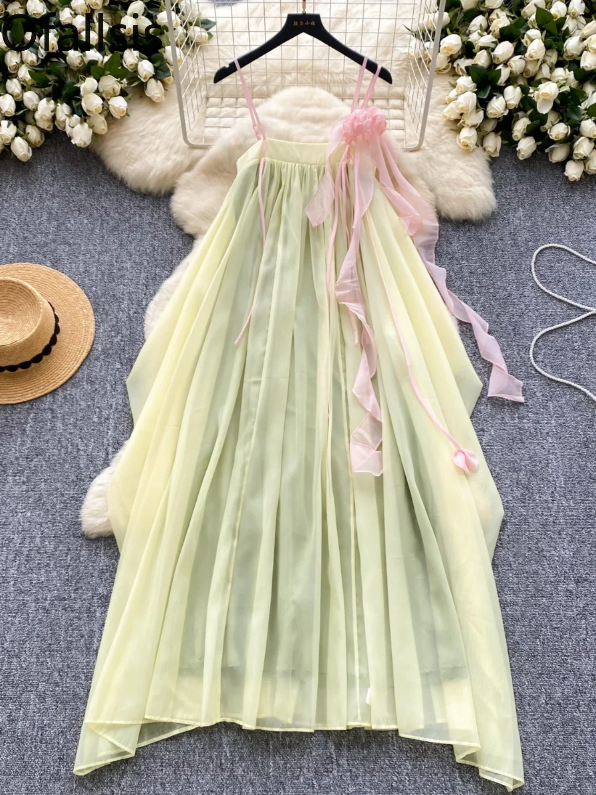 Ofallsis Sweet Flower Strapless Suspender Dress 2024 Summer New French Style Women's  Loose Slimming Mesh Fluffy Fairy Dresses