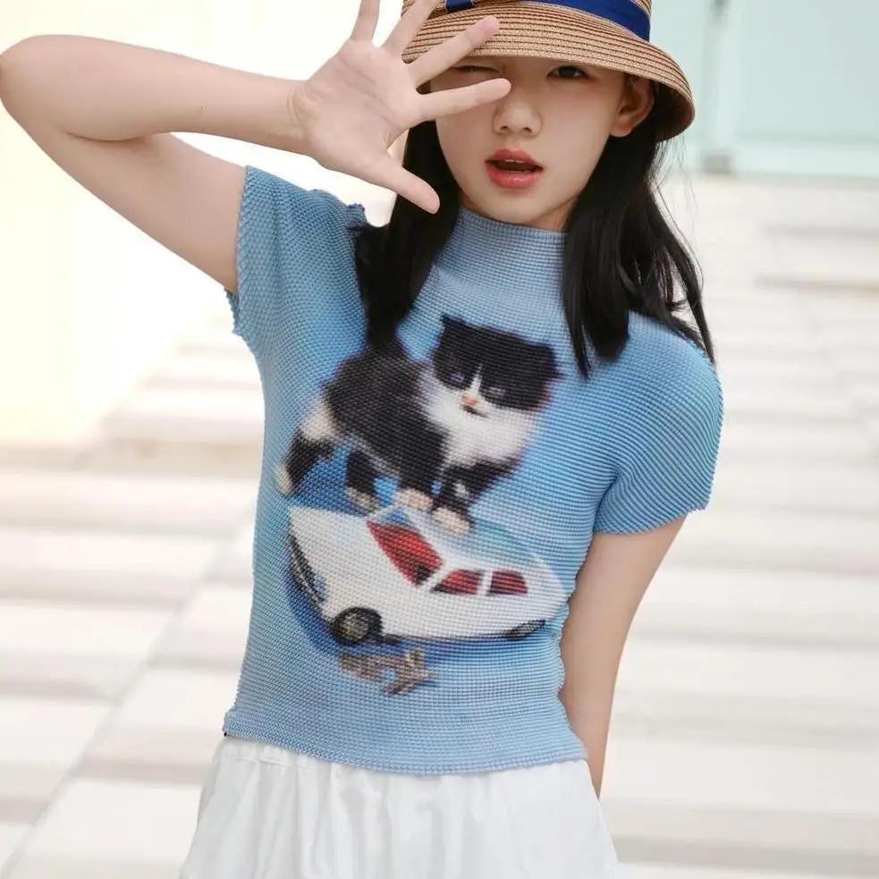 Sexy Vintage Coquette Slim Fit Casual Folds Knitted Tees Top Women Summer Hotsweet Cat Print Sheath Street Turtleneck T-shirt