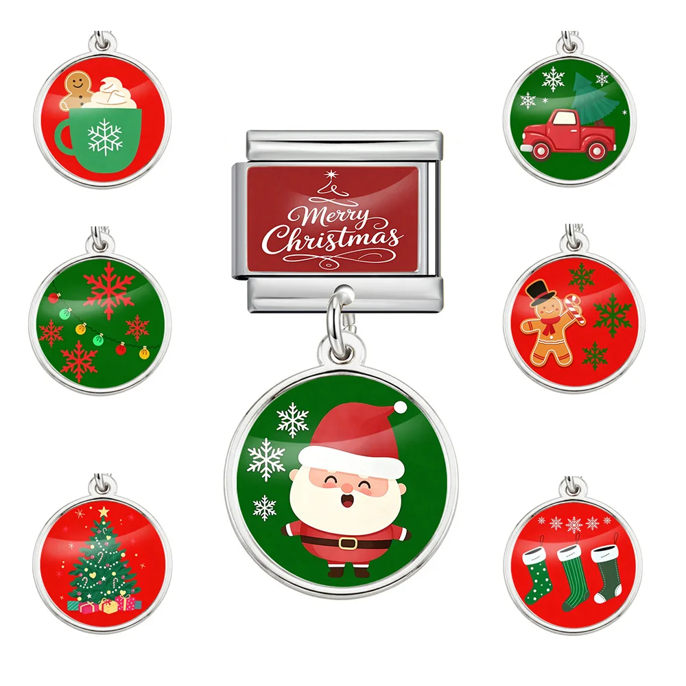 Christmas Snowflake Snowman Round Pendant Italian Links Charm Fit 9mm DIY Making Bracelet Stainless Steel Jewelry Gift For Women