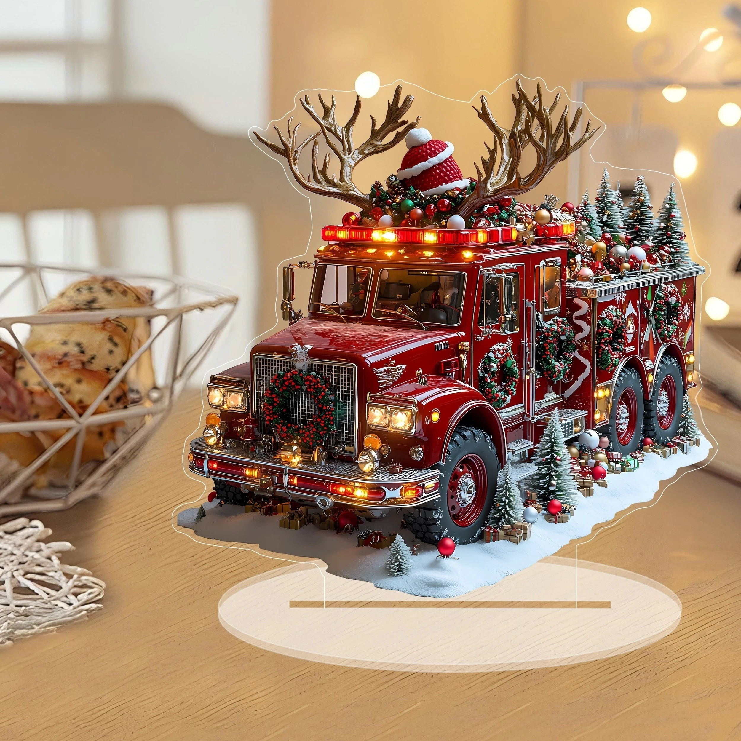 2D Red Truck Acrylic Christmas Ornaments with Deer Antlers for Tree Decorations Home Bedroom Living Room Tabletop Holiday Gifts
